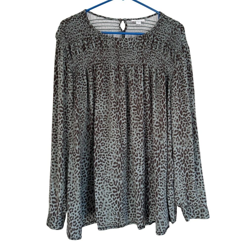J Jill Women's Top Cheetah Print Blouse Green Lagenlook Career Professional XL